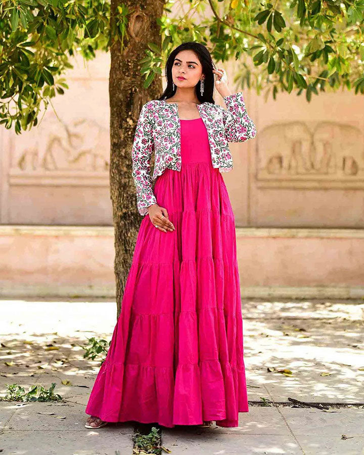 Pink-Cotton-Tiered-Maxi-Dress-With-Jacket