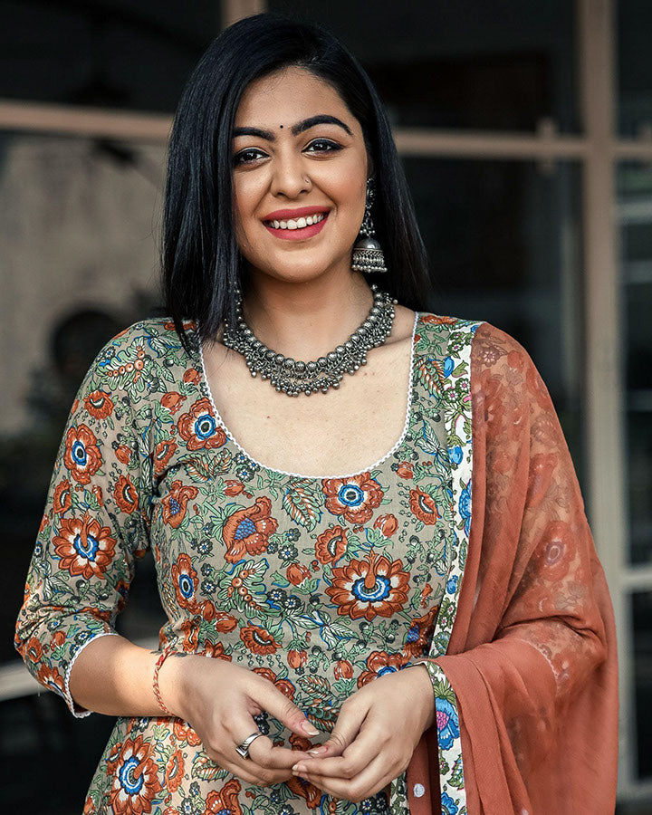 Brown-Cotton-Floral-Print-3-Piece-Kurta-Set