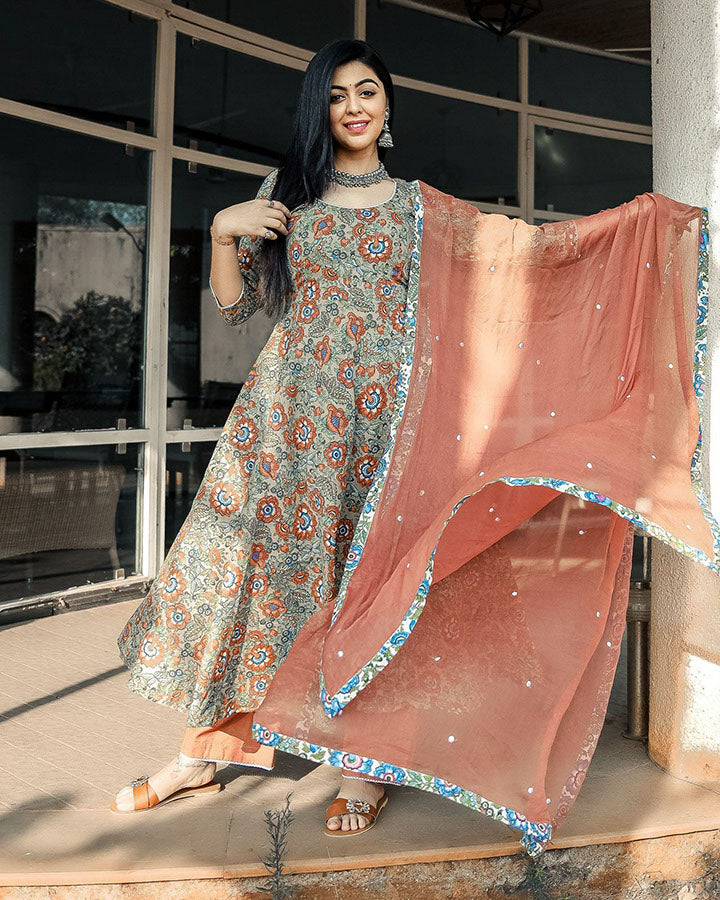 Brown-Cotton-Floral-Print-3-Piece-Kurta-Set