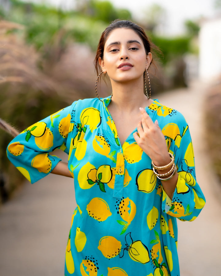 Blue-Rayon-Lemon-Print-Shirt--Maxi-Dress