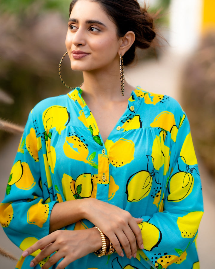 Blue-Rayon-Lemon-Print-Shirt--Maxi-Dress