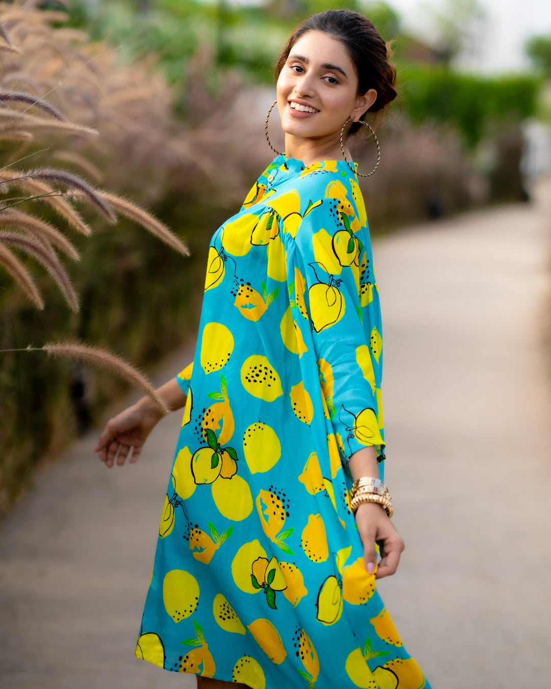 Blue-Rayon-Lemon-Print-Shirt--Maxi-Dress
