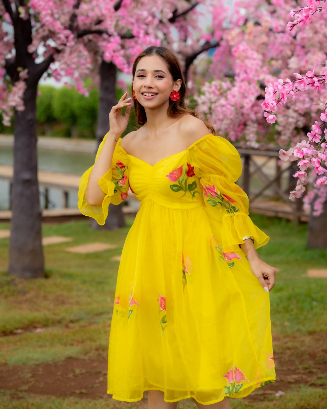 Yellow-Organza-Hand-Painted-Maxi-Dress
