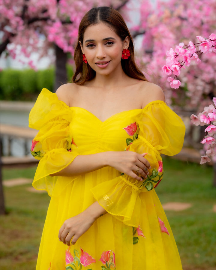 Yellow-Organza-Hand-Painted-Maxi-Dress