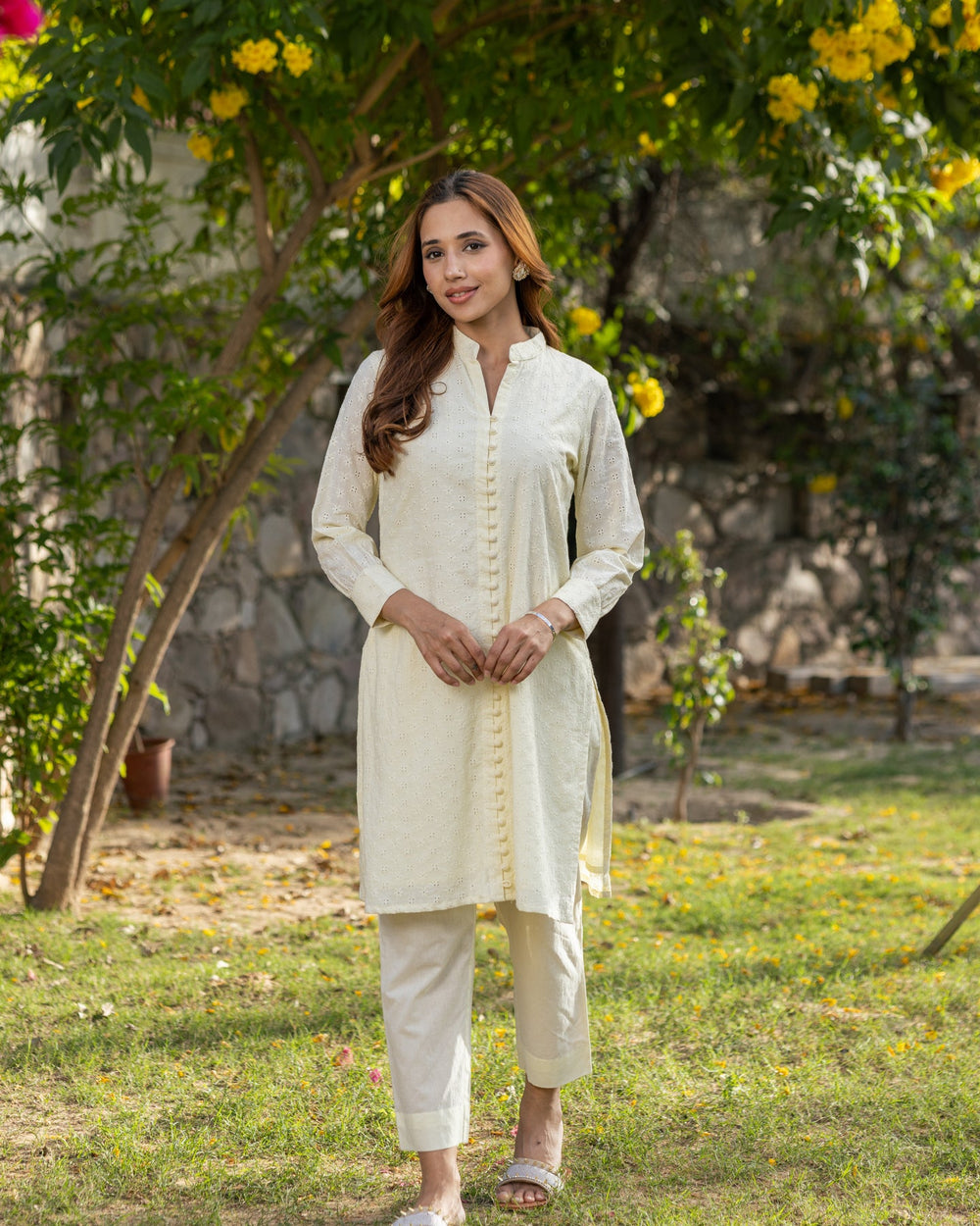 Yellow-Schiffli-V-Neck-Straight-2-Piece-Kurta-Set