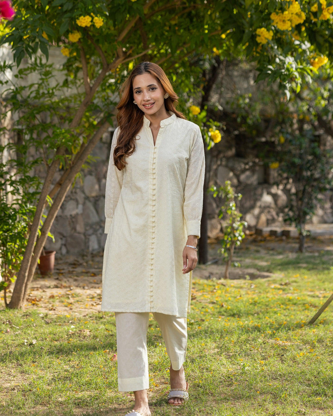 Yellow-Schiffli-V-Neck-Straight-2-Piece-Kurta-Set