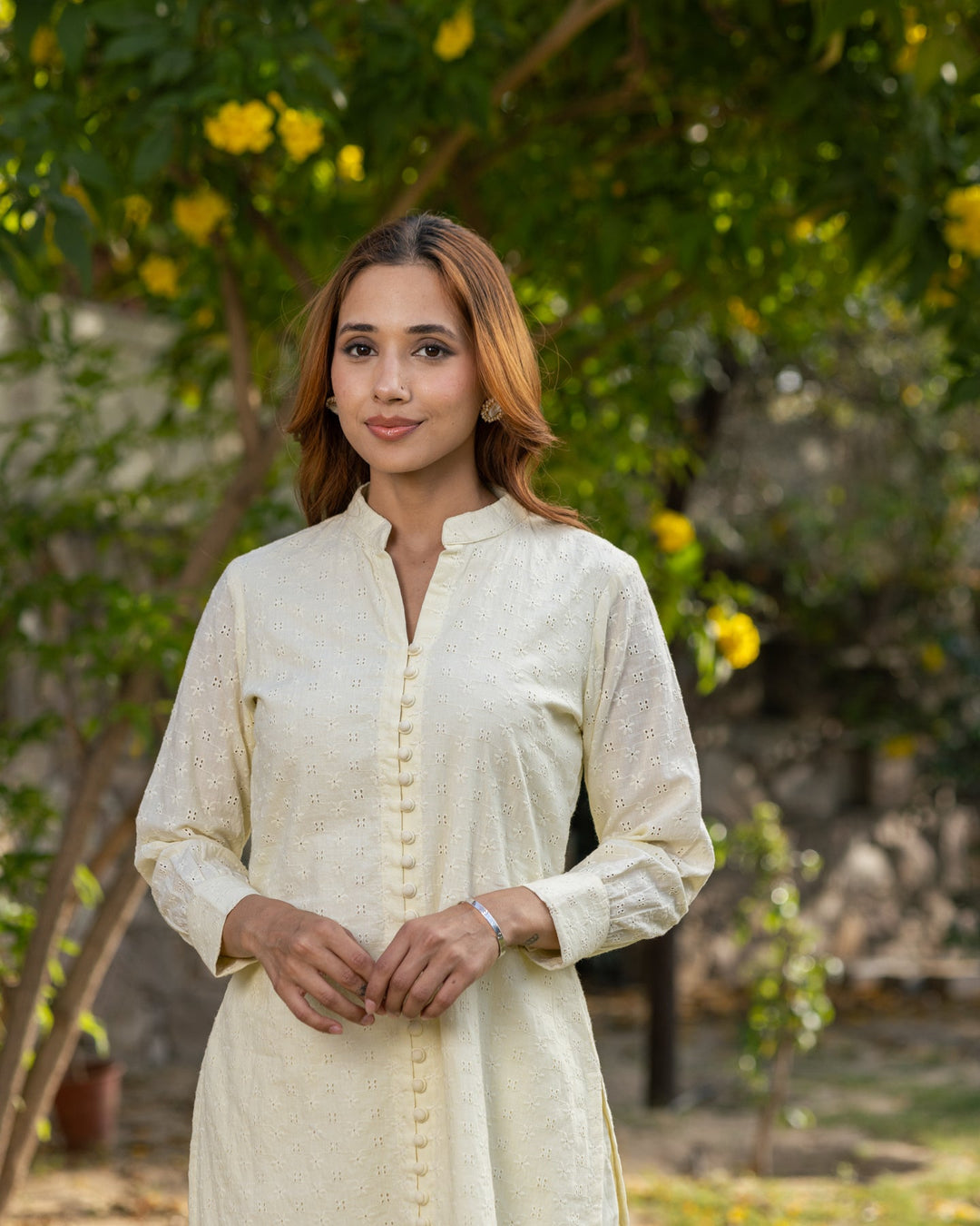 Yellow-Schiffli-V-Neck-Straight-2-Piece-Kurta-Set