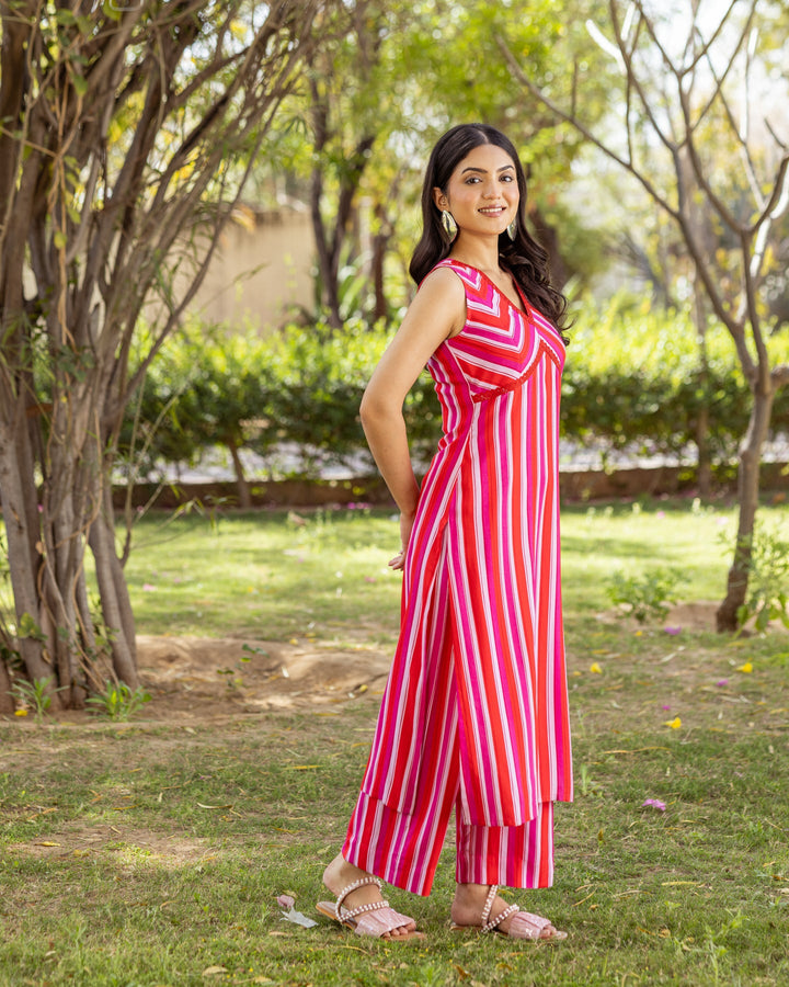 Red-Rayon-Striped-Sleeveless-Straight-2-Piece-Kurta-Set