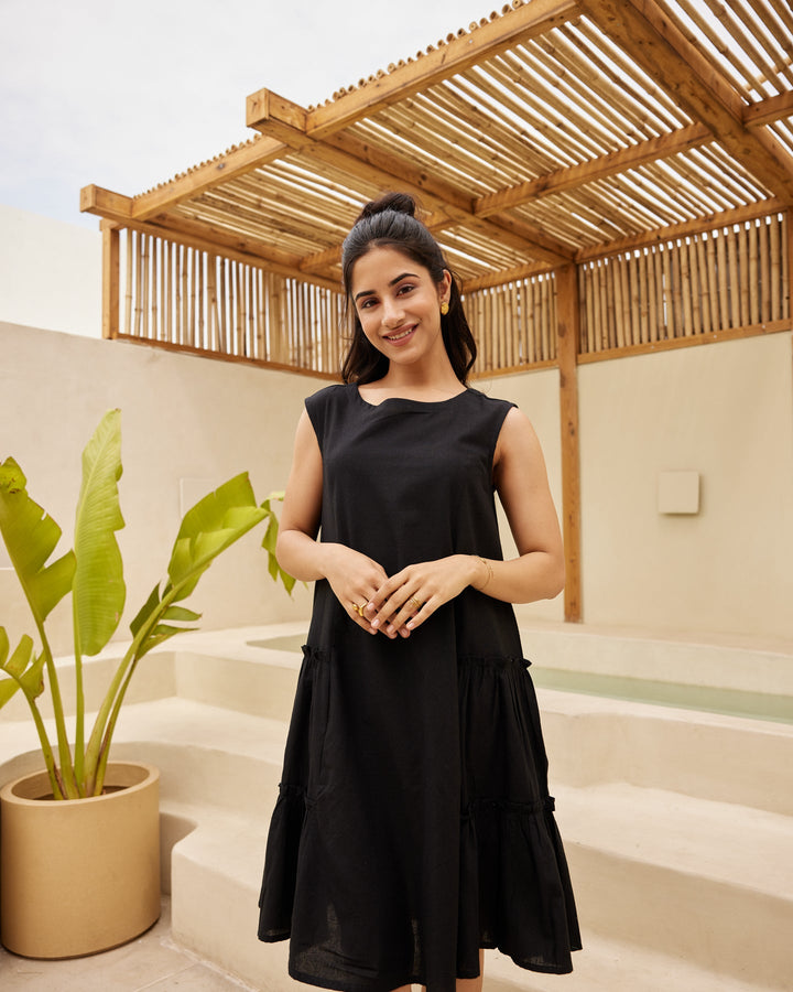 Black-Cotton-Solid-Tiered-Midi-Dress