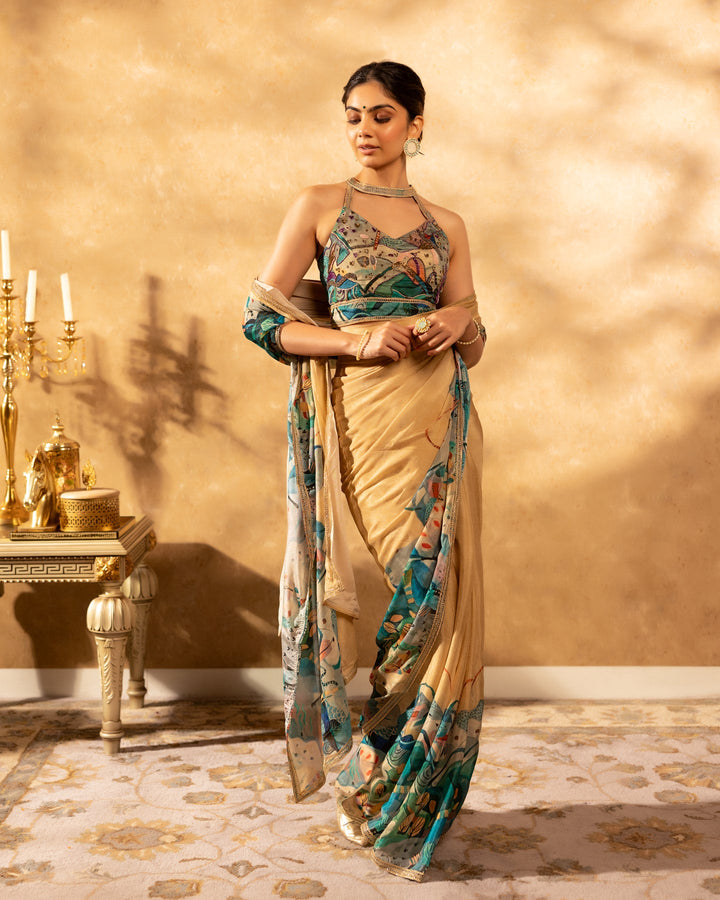 Multicolored-Chinon--Floral-Print-Saree