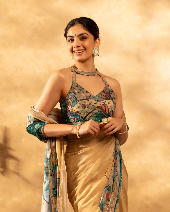 Multicolored-Chinon--Floral-Print-Saree