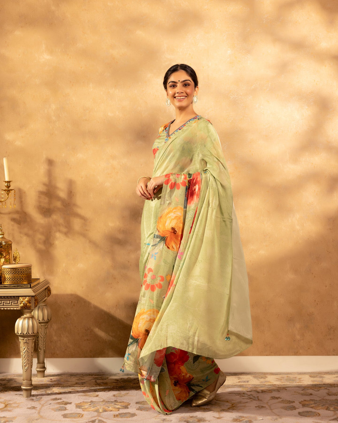Mint-Green-Floral-Print-Saree