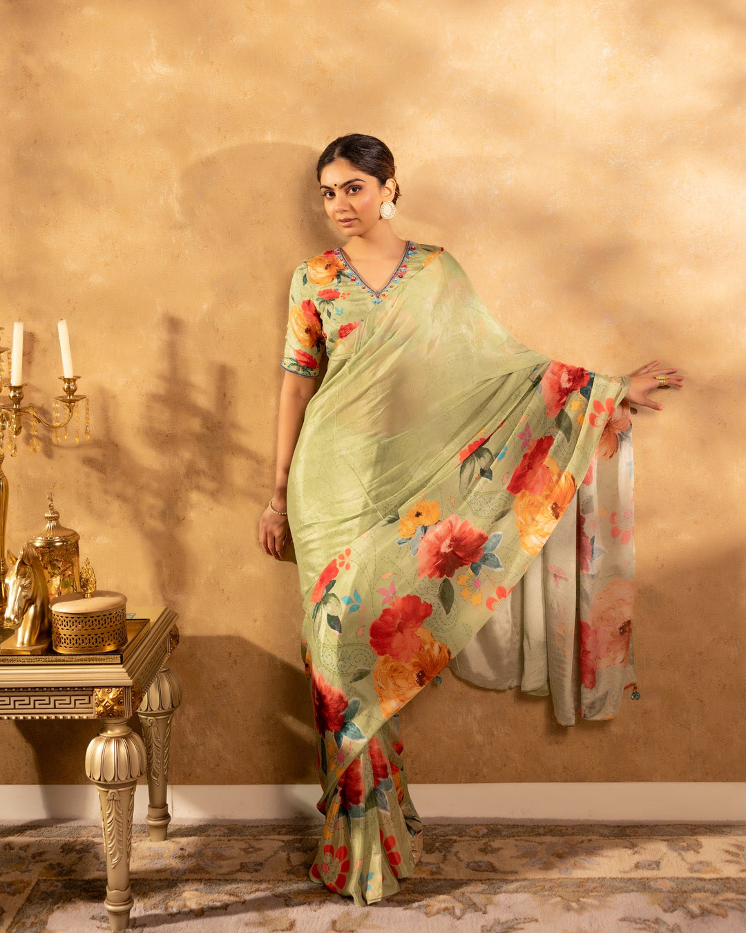 Mint-Green-Floral-Print-Saree