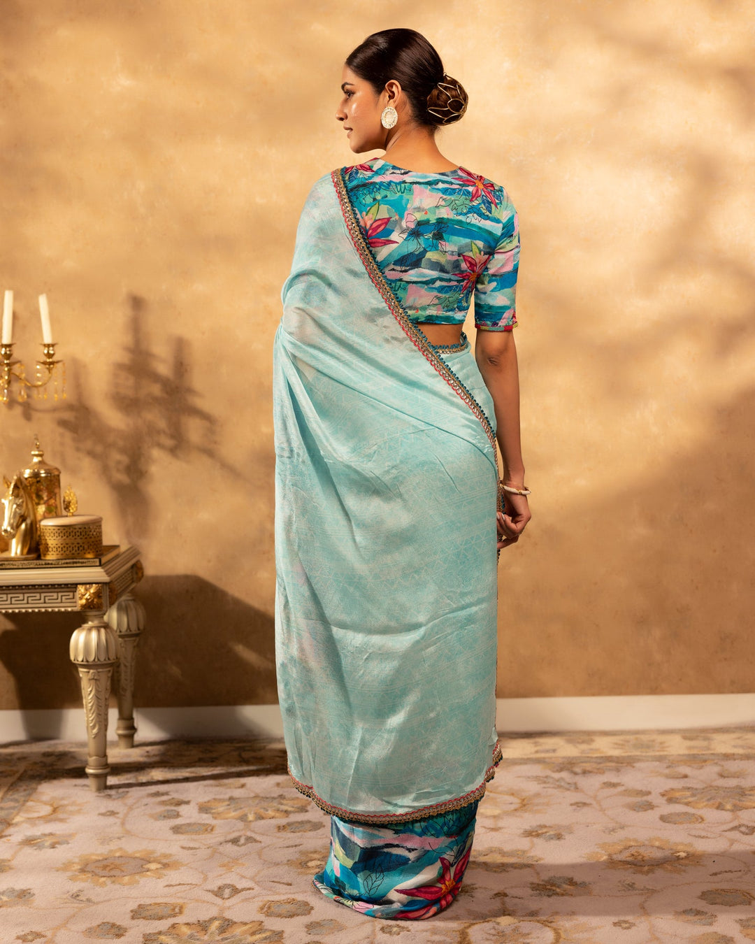 Blue-Chinnon-Floral-Print-Saree