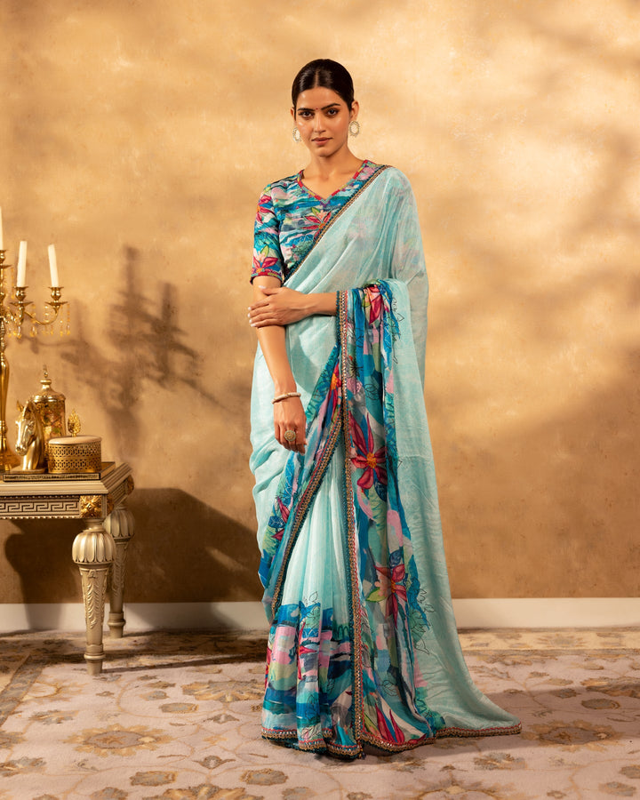 Blue-Chinnon-Floral-Print-Saree