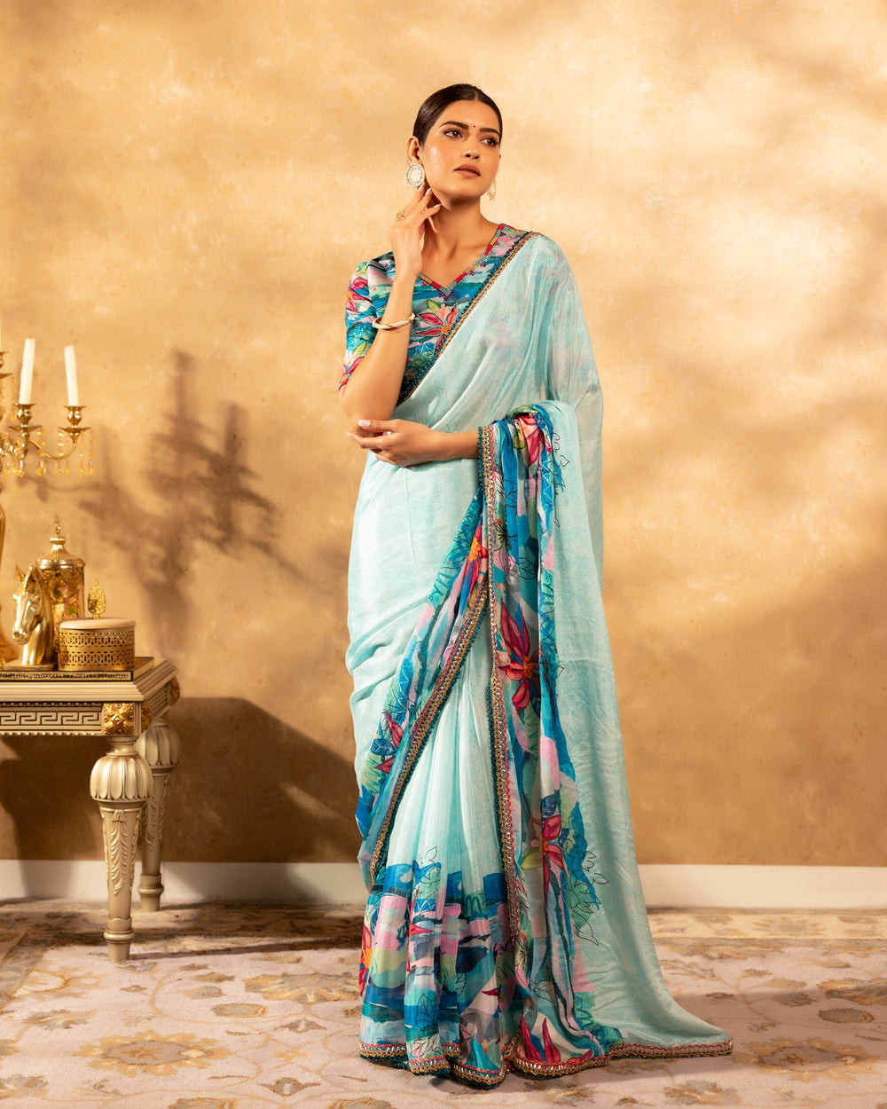 Blue-Chinnon-Floral-Print-Saree