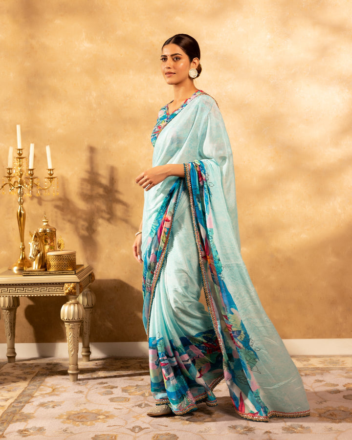 Blue-Chinnon-Floral-Print-Saree