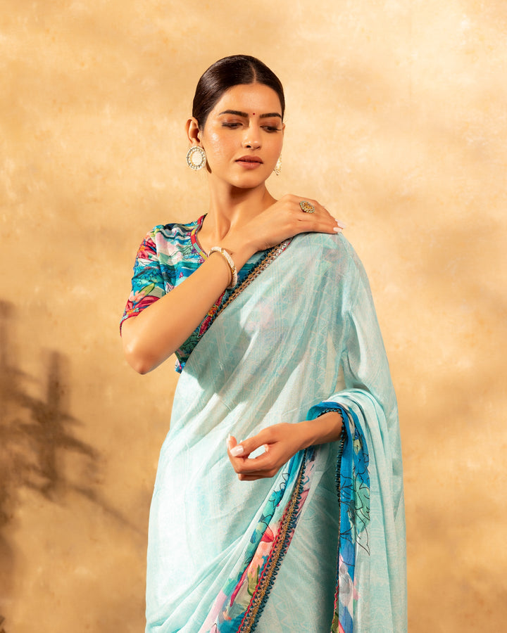 Blue-Chinnon-Floral-Print-Saree