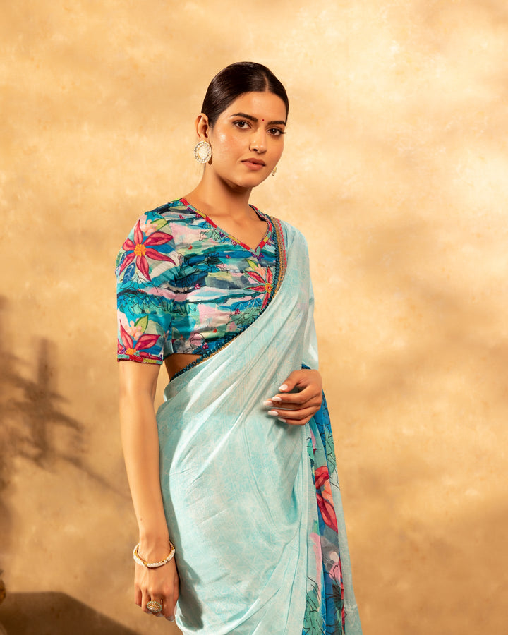 Blue-Chinnon-Floral-Print-Saree