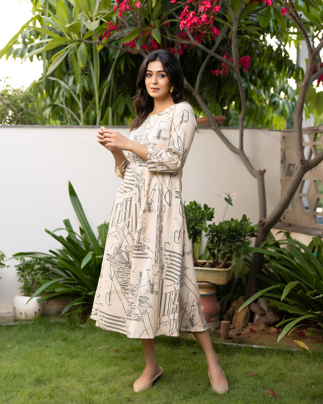 Ivory-Cotton-Geometric-Printed-A-Line-Midi-Dress