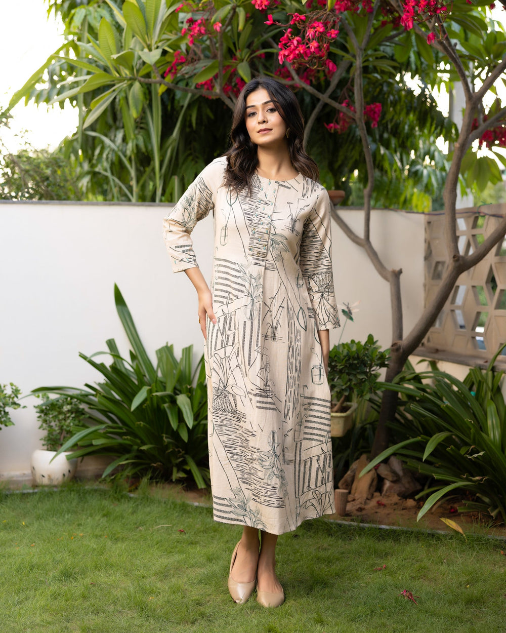 Ivory-Cotton-Geometric-Printed-A-Line-Midi-Dress