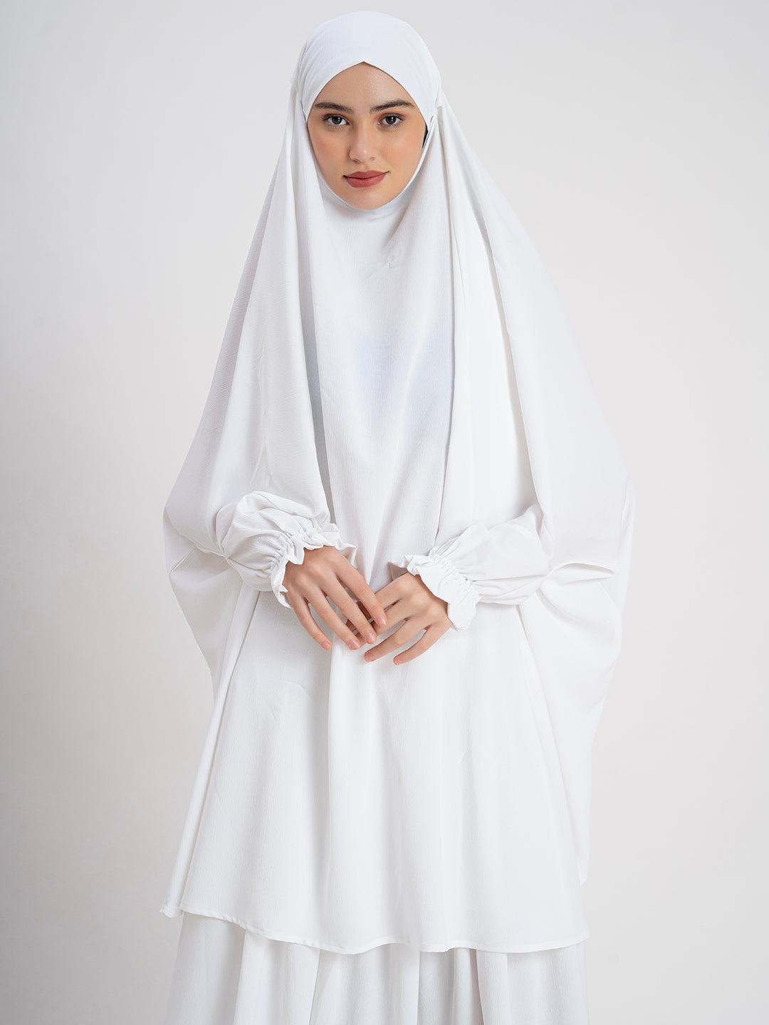 Pure White 100% Polyester Crush Fabric Plain Jilbab Set