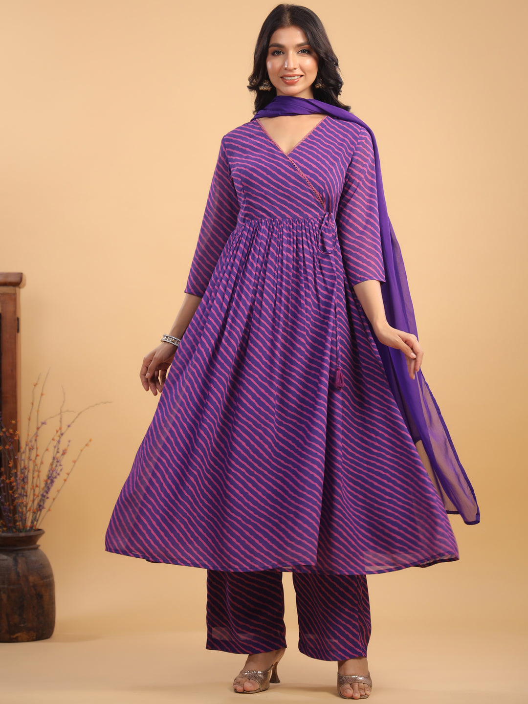 Purple All-Over Georgette Striped Angrakha Kurta Set