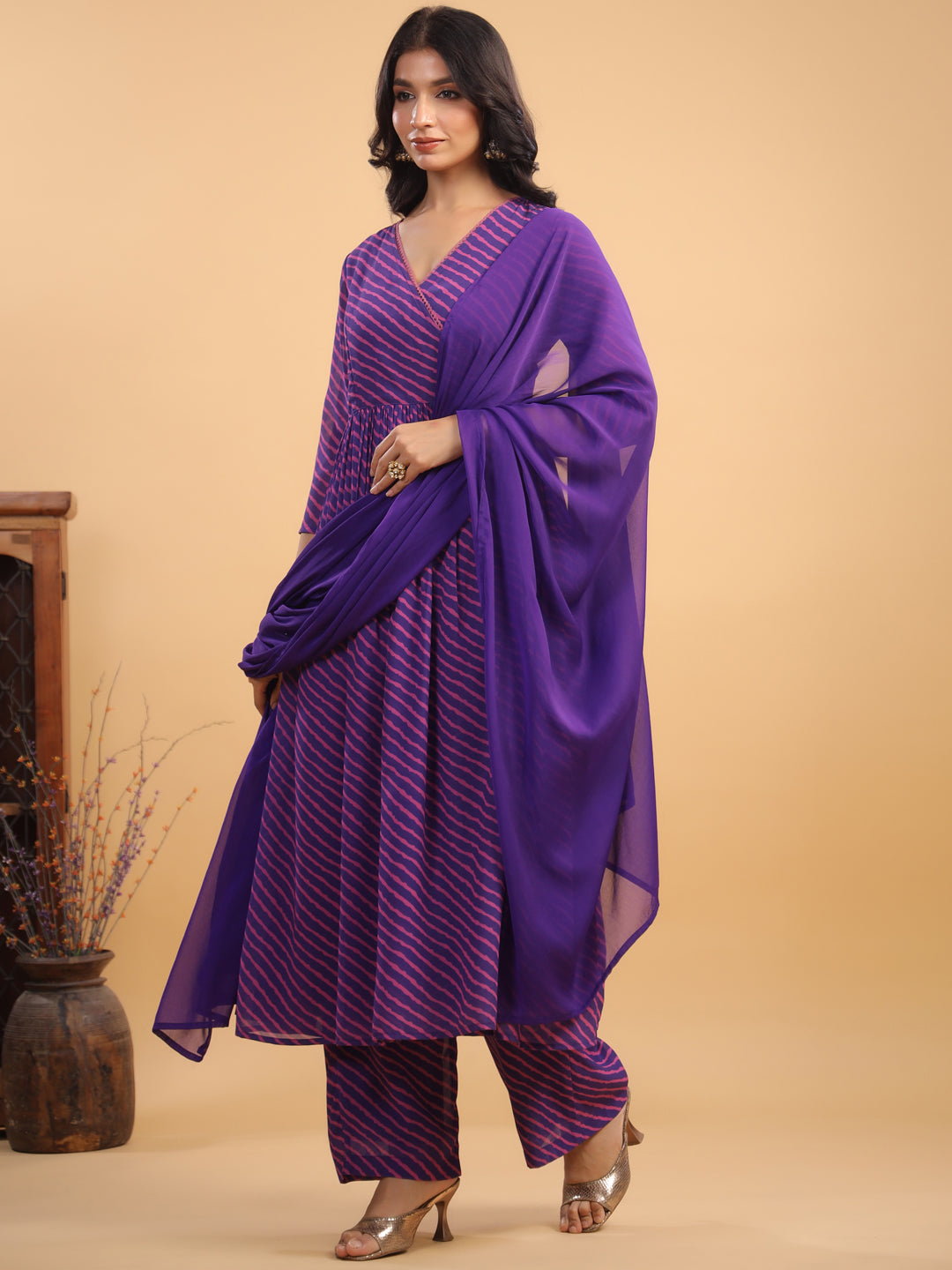 Purple All-Over Georgette Striped Angrakha Kurta Set