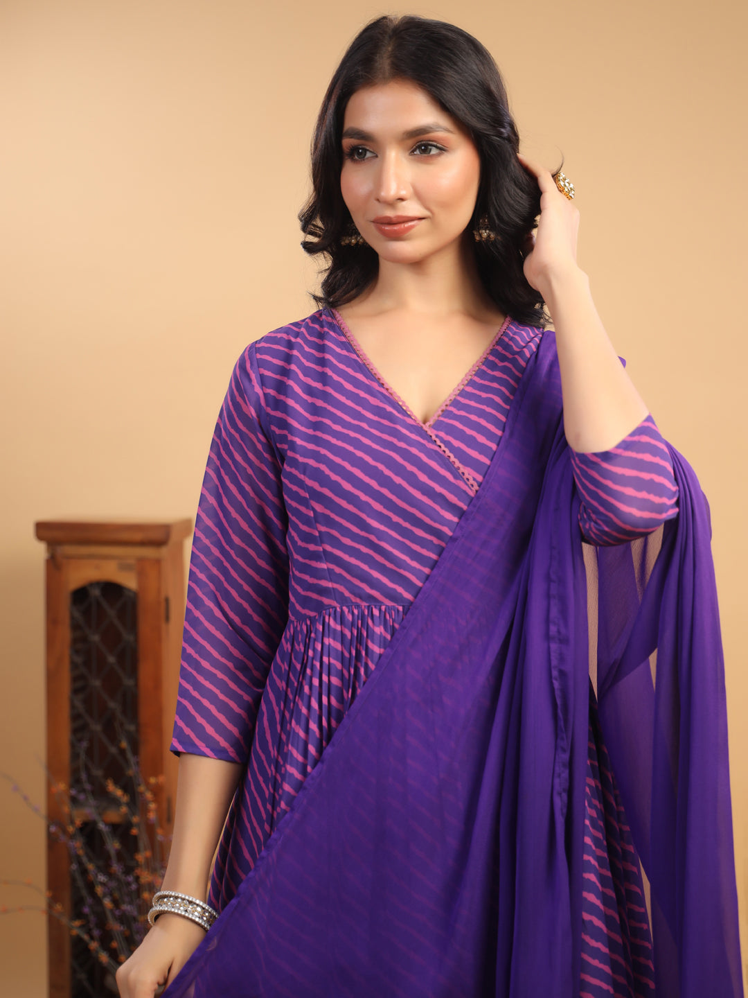 Purple All-Over Georgette Striped Angrakha Kurta Set