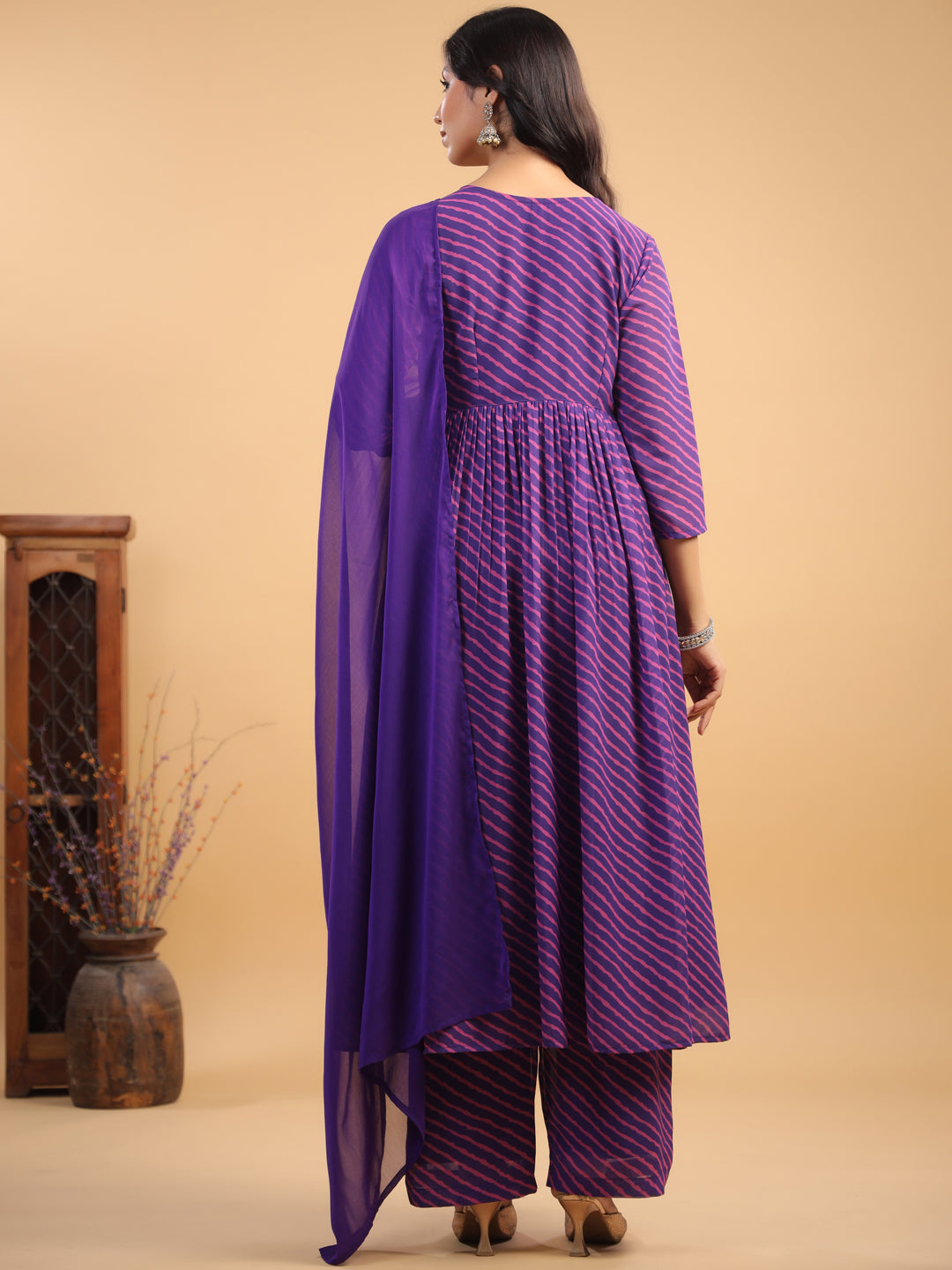 Purple All-Over Georgette Striped Angrakha Kurta Set