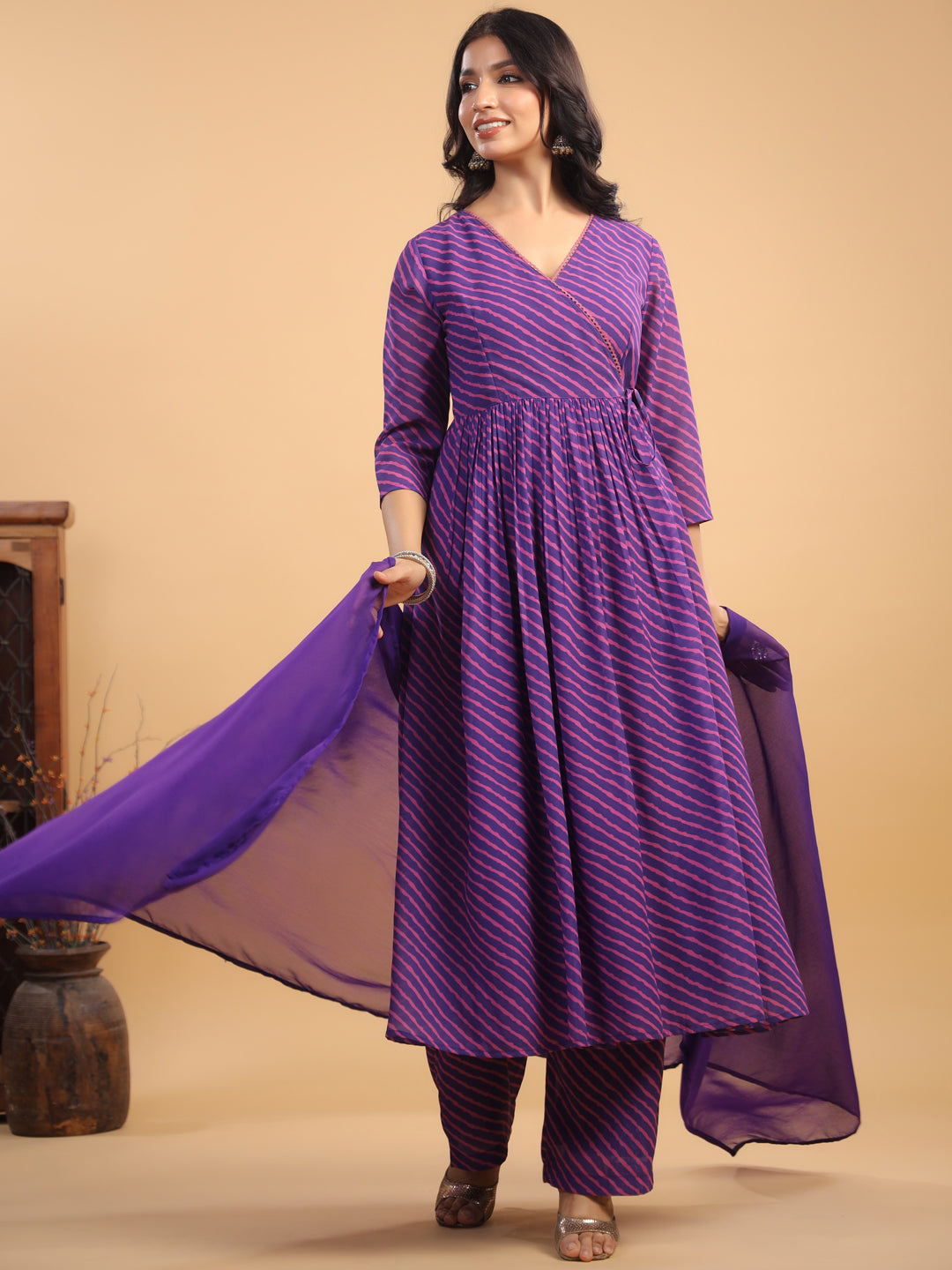 Purple All-Over Georgette Striped Angrakha Kurta Set