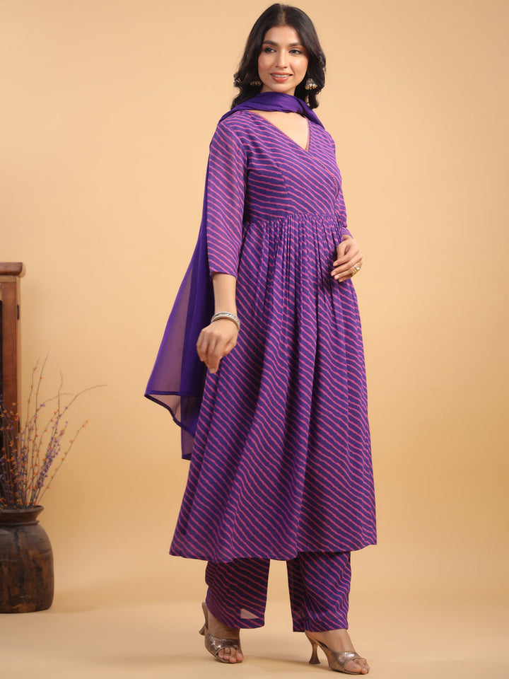 Purple All-Over Georgette Striped Angrakha Kurta Set