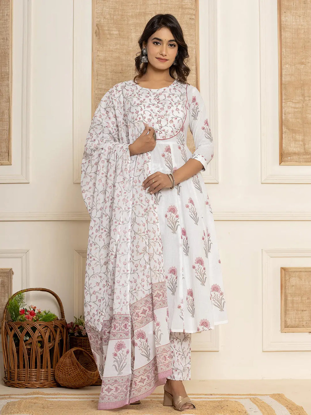 Purple-And-White-Cotton-Floral-Print-Piping-Anarkali-Set