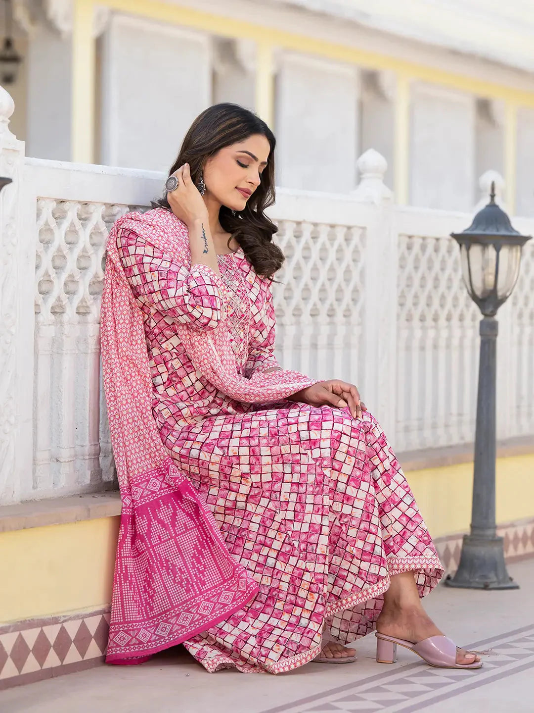 Purple-Cotton-Checkered-Print-Anarkali-Set