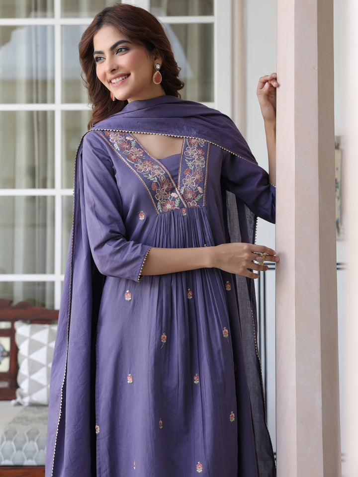 Purple-Cotton-A-Line-Embroidered-3-Piece-Kurta-Set