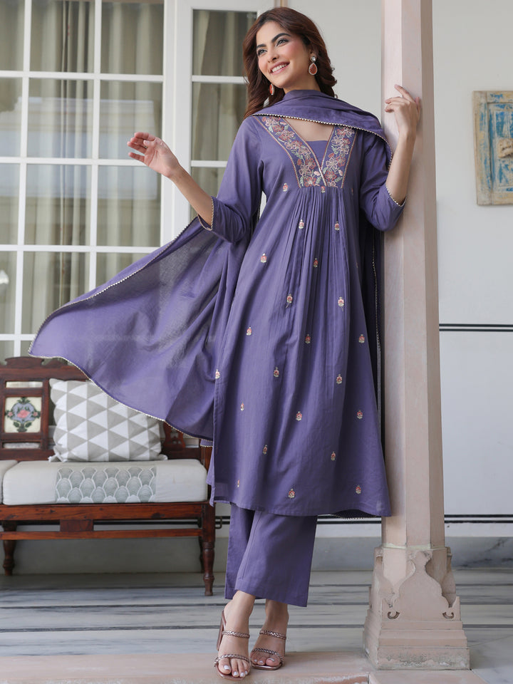 Purple-Cotton-A-Line-Embroidered-3-Piece-Kurta-Set