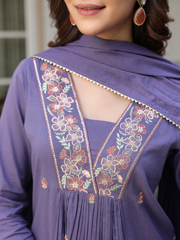 Purple-Cotton-A-Line-Embroidered-3-Piece-Kurta-Set