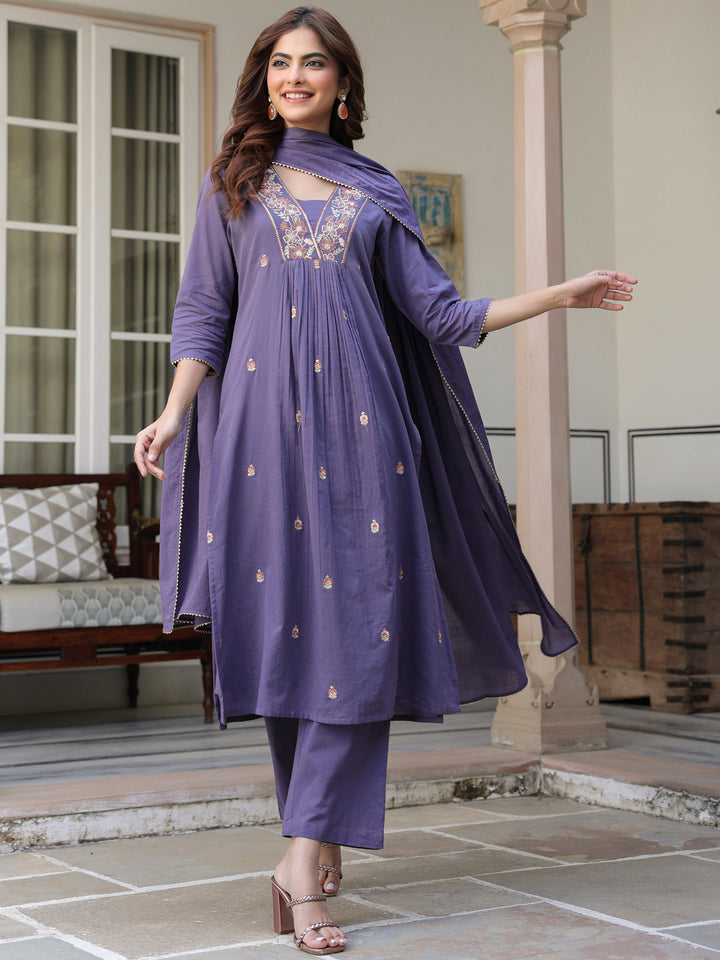 Purple-Cotton-A-Line-Embroidered-3-Piece-Kurta-Set