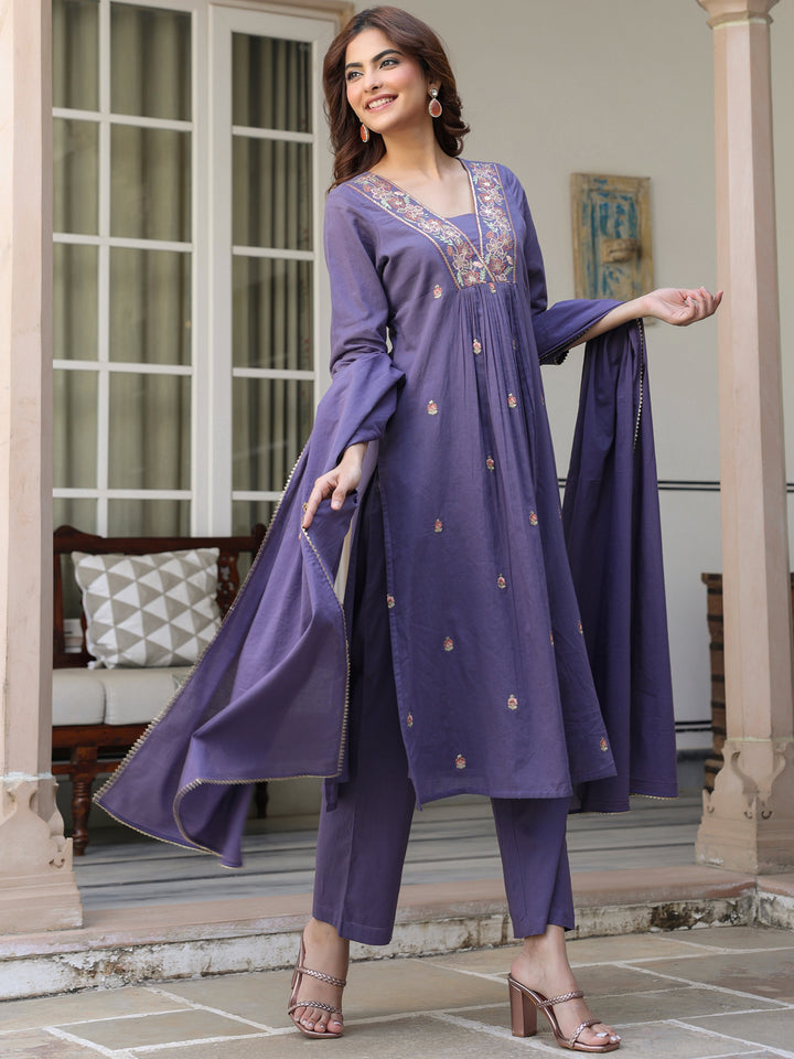 Purple-Cotton-A-Line-Embroidered-3-Piece-Kurta-Set