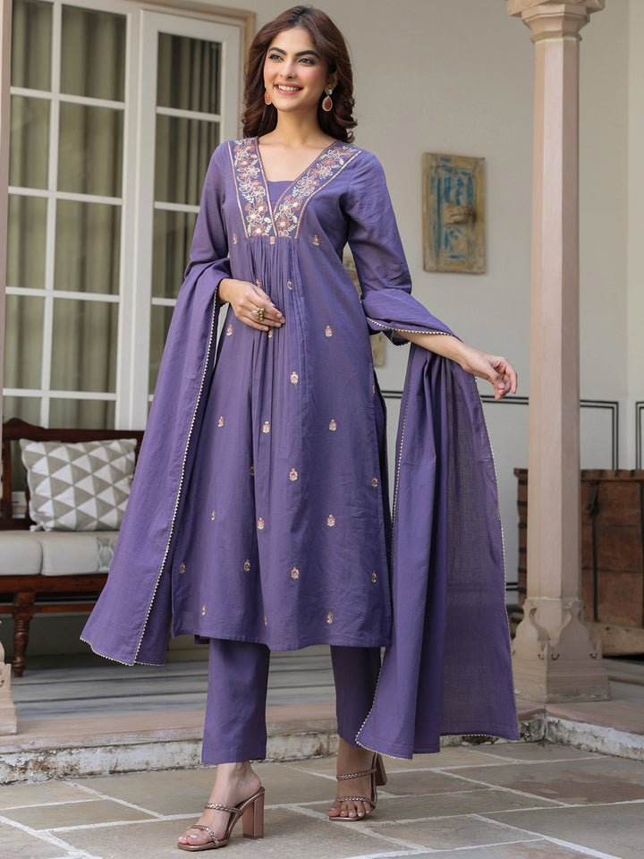 Purple-Cotton-A-Line-Embroidered-3-Piece-Kurta-Set