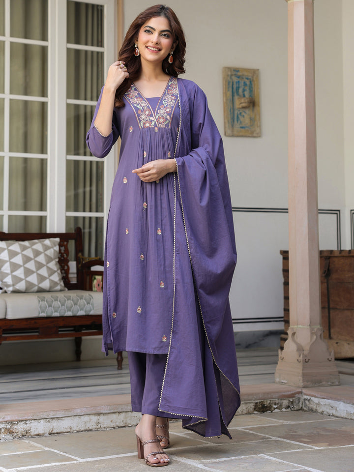 Purple-Cotton-A-Line-Embroidered-3-Piece-Kurta-Set