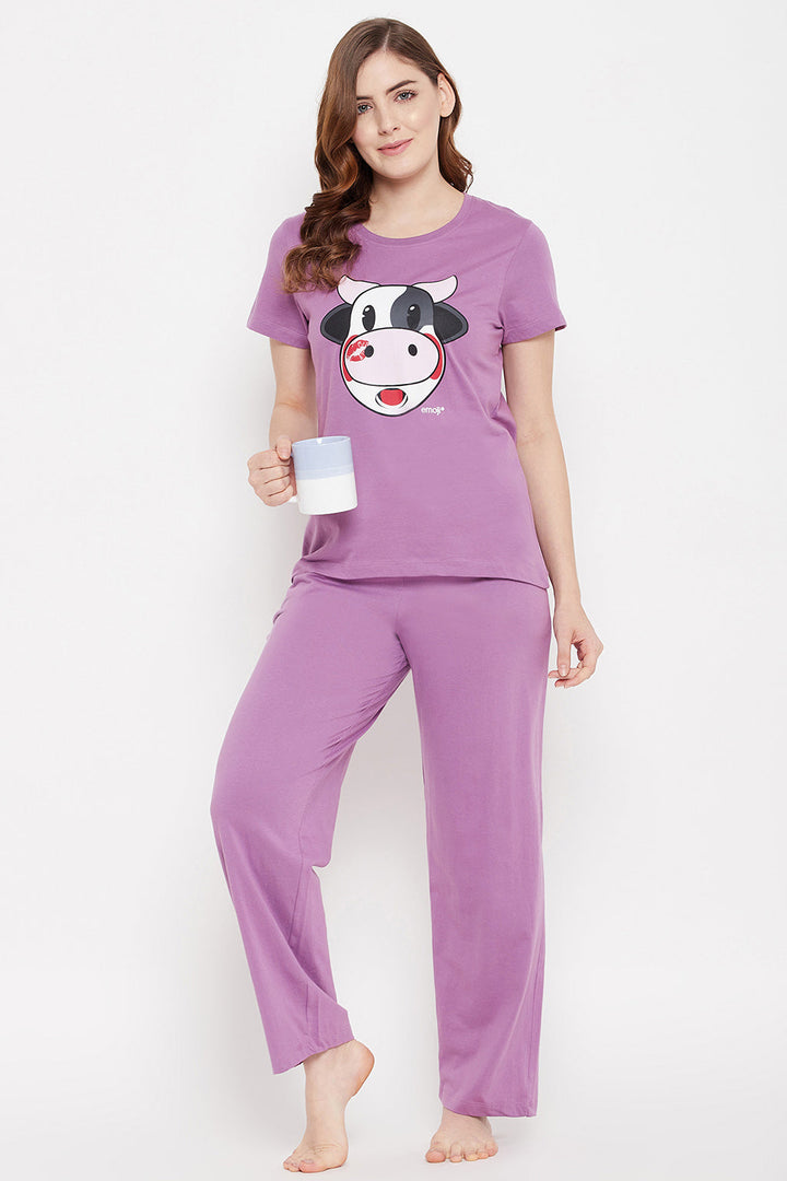 Purple-Cotton-Cow-Emoji-Print-Top-&-Solid-Pyjama-Set