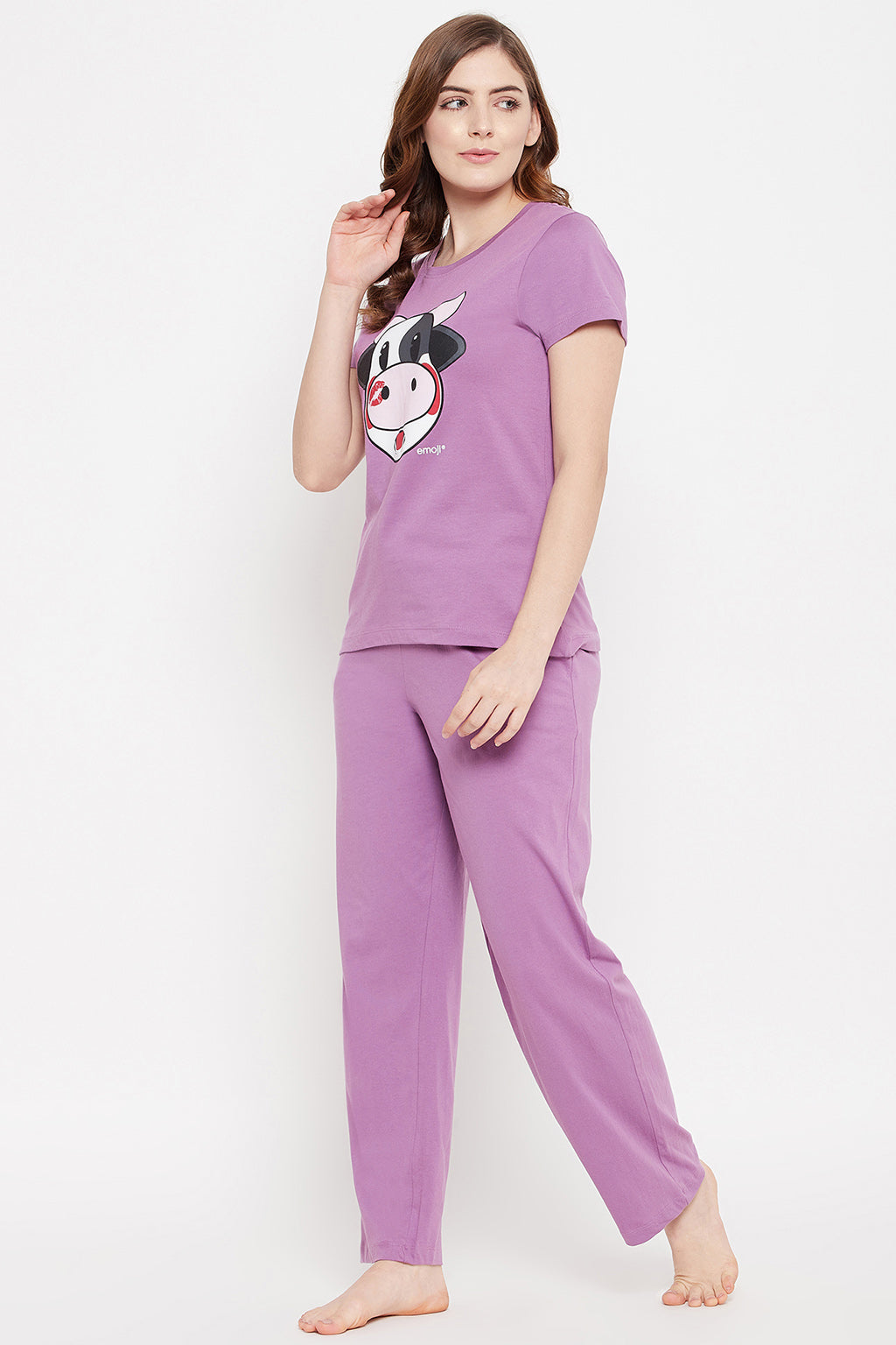 Purple-Cotton-Cow-Emoji-Print-Top-&-Solid-Pyjama-Set