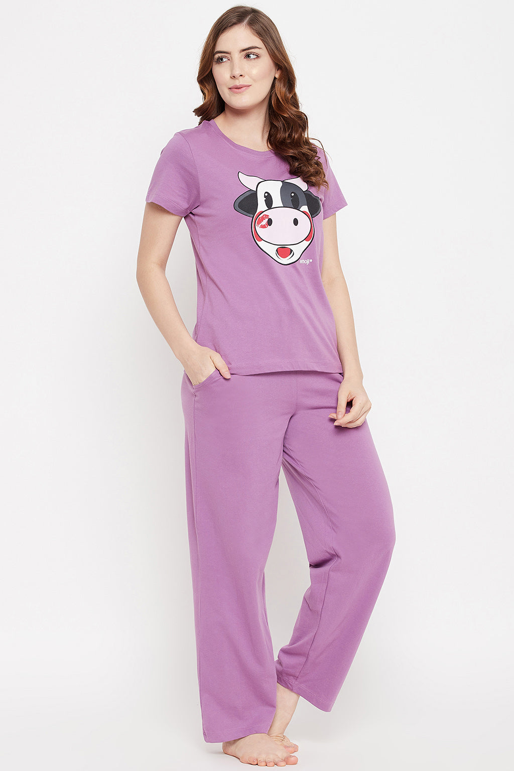 Purple-Cotton-Cow-Emoji-Print-Top-&-Solid-Pyjama-Set