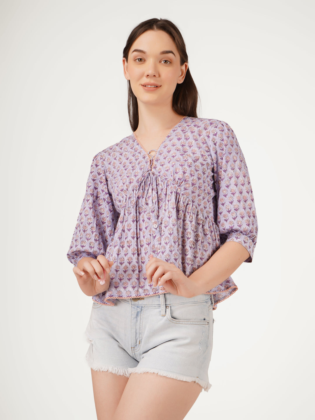 Purple-Cotton-Printed-V-Neck-Top