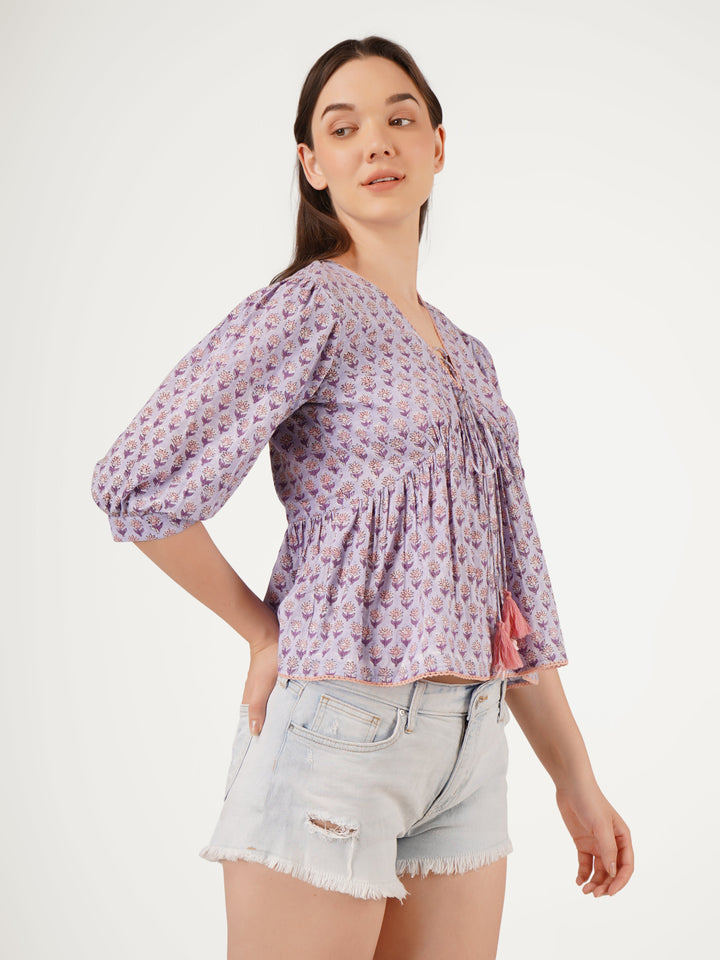 Purple-Cotton-Printed-V-Neck-Top