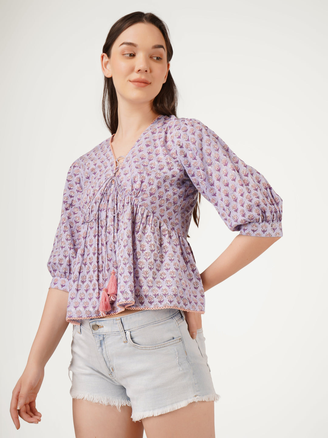 Purple-Cotton-Printed-V-Neck-Top