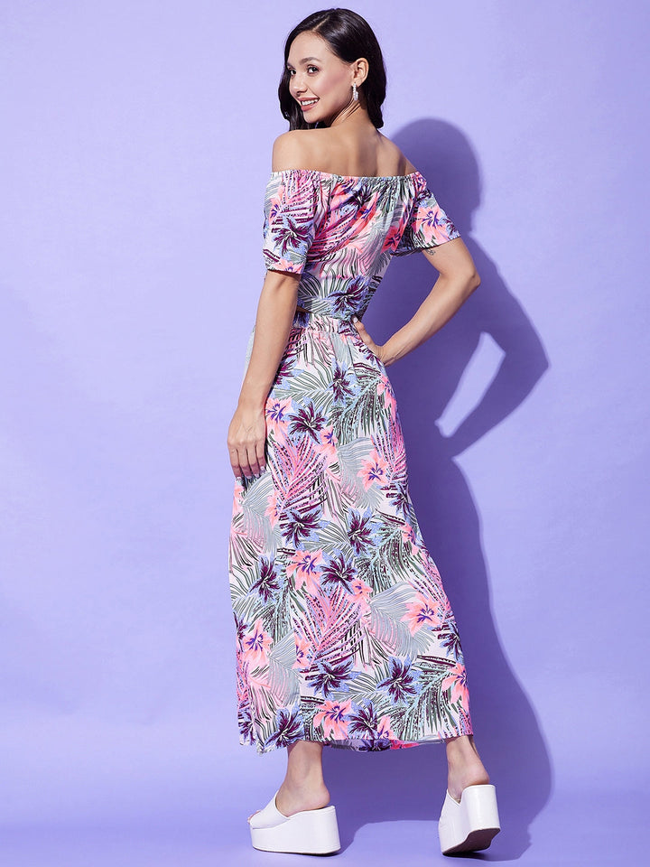Purple-Floral-Off-Shoulder-Top-&-Skirt-Set