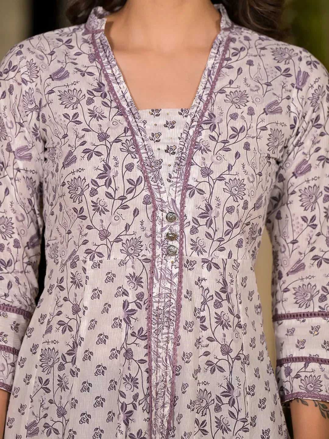 Purple-Cotton-Floral-Print-Kantha-Work-A-Line-Dress