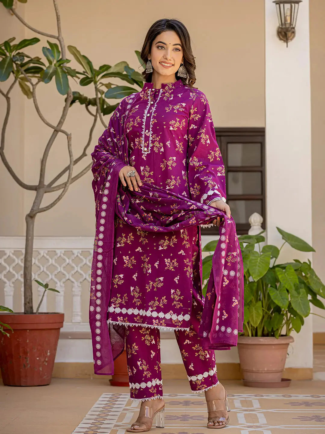 Purple-Cotton-Floral-Print-Straight-3-Piece-Kurta-Set